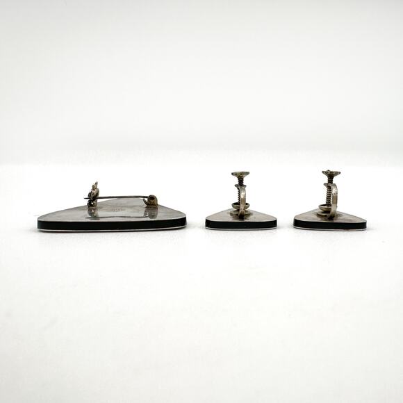 Vintage Mexican Modernist Sterling Silver Brooch & Earrings Set 925 - Picture 12 of 13